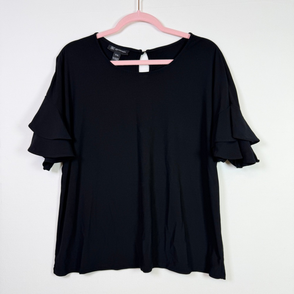 INC Black Tiered Ruffle Sleeve Keyhole Back Blouse PXL